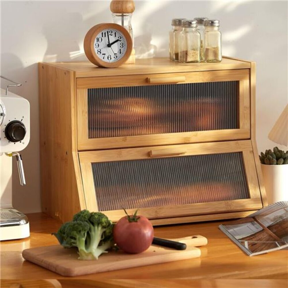 Stylish Bamboo Bread Box Double Layer Kitchen Storage
